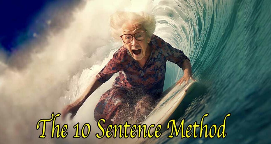 Elderly woman on surfboard surfing through big wave